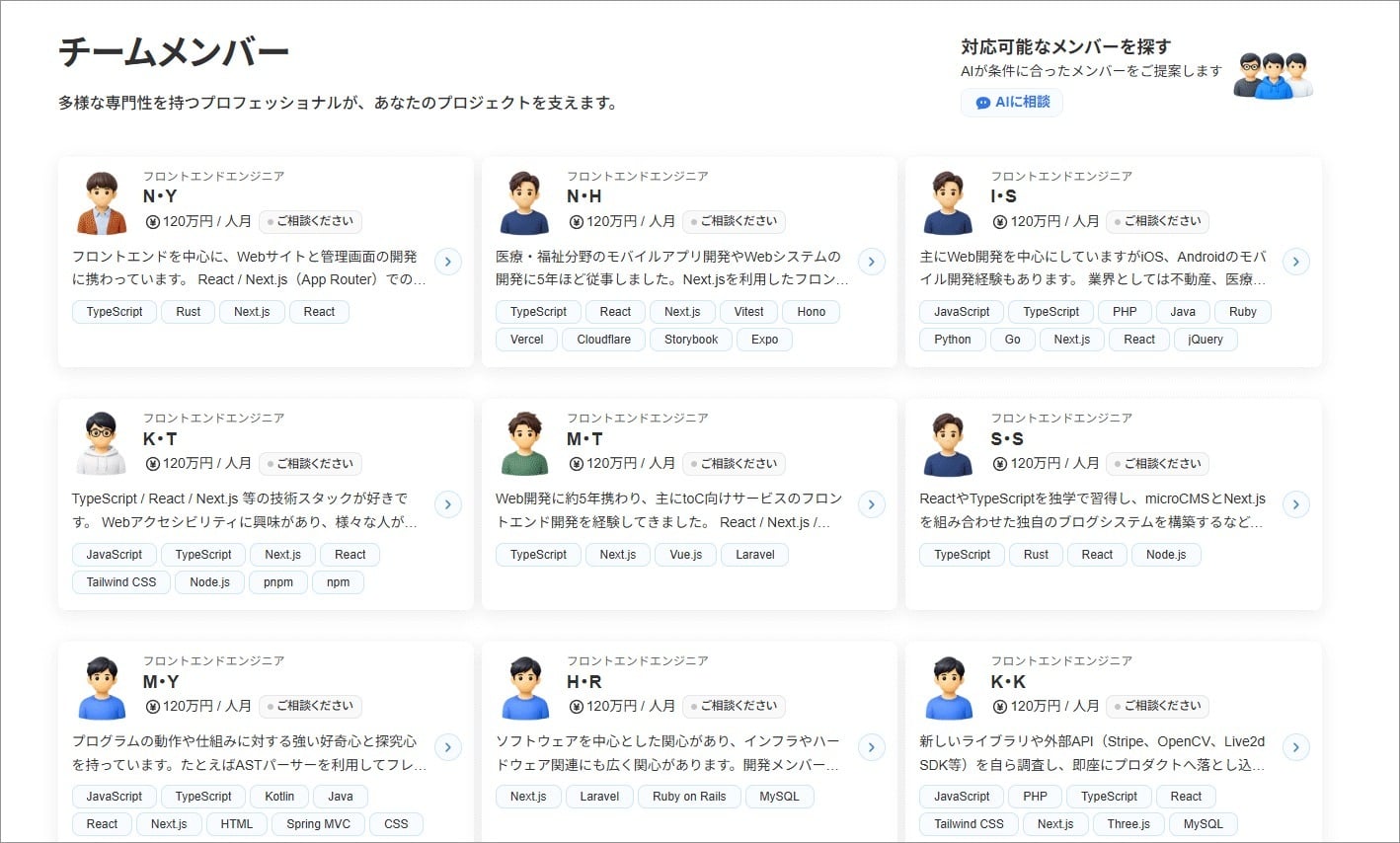 チームメンバー一覧ページ